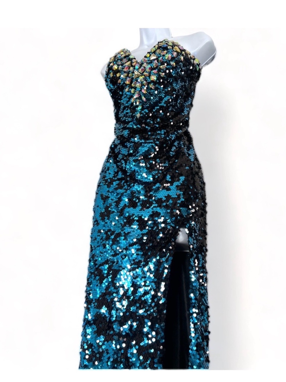 JOLENE Prom Pageant Strapless Teal Sequins & Colored Rhinestones Dress Size 12